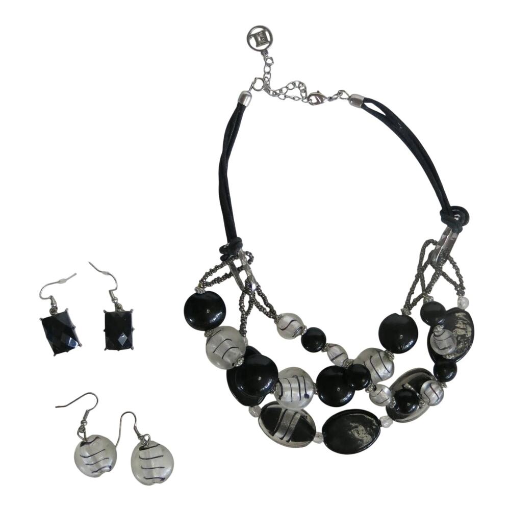ERICA LYONS Necklace and 2 Pairs of Earrings Set Layered Black/Silver Tone 19"
